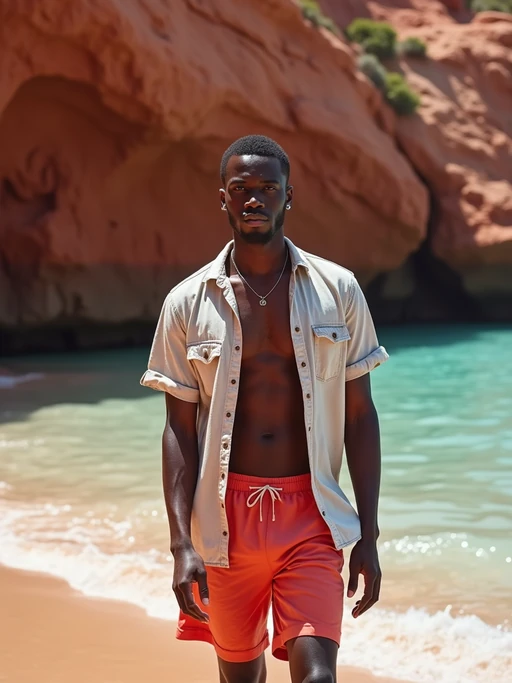 model at Red Beach, wearing if(gender=f){a colorful beach outfit with sunglasses} if(gender=m){beach shorts with a light cotton shirt}, dramatic red cliffs and crystal clear waters