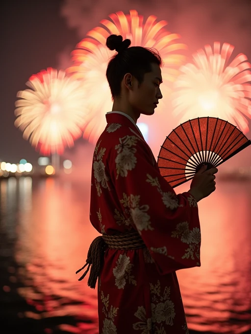 model at Sumida River during fireworks festival, wearing if(gender=f){a yukata with floral pattern} if(gender=m){a summer festival jinbei}, holding a paper fan