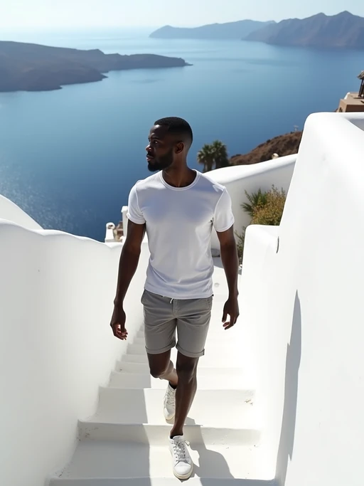 model walking down the white steps of Fira, wearing if(gender=f){a breezy summer dress with sandals} if(gender=m){casual shorts with a fitted t-shirt}, whitewashed buildings and blue sea views