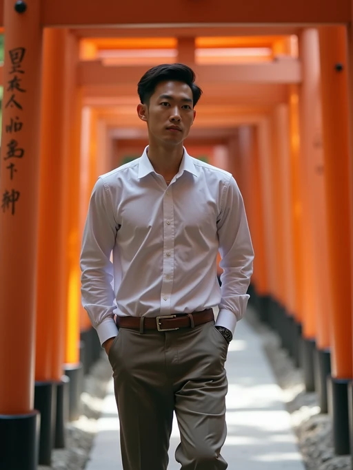 model at Meiji Shrine, wearing if(gender=f){a respectful modest outfit with light cardigan} if(gender=m){neat chinos with a collared shirt}, walking through torii gates