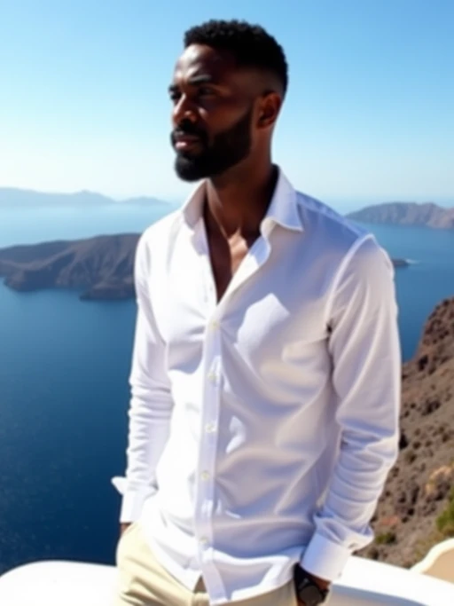 model at Santorini caldera viewpoint, wearing if(gender=f){an elegant blue sundress with straw hat} if(gender=m){a crisp white shirt with light pants}, panoramic volcanic views and clear blue skies