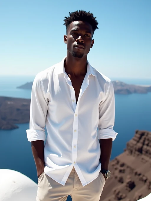 model at Santorini caldera viewpoint, wearing if(gender=f){an elegant blue sundress with straw hat} if(gender=m){a crisp white shirt with light pants}, panoramic volcanic views and clear blue skies