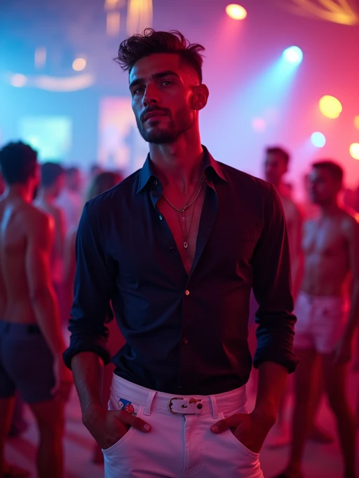 model at Cavo Paradiso nightclub, wearing if(gender=f){a stunning white party dress with metallic details} if(gender=m){white jeans with a stylish dark shirt}, colorful lights and dancing atmosphere