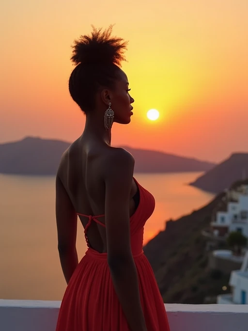 model watching sunset in Imerovigli, wearing if(gender=f){a glamorous evening outfit with flowing elements} if(gender=m){smart casual attire with light jacket}, famous Santorini sunset colors