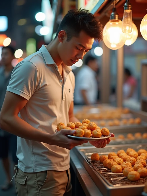 model enjoying street food at Tsukiji Outer Market, wearing if(gender=f){denim shorts and a crop top} if(gender=m){cargo shorts and a polo shirt}, holding takoyaki
