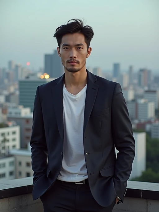 model at a rooftop bar in Shinjuku, wearing if(gender=f){an elegant cocktail dress} if(gender=m){a smart casual blazer with t-shirt}, Tokyo skyline in background