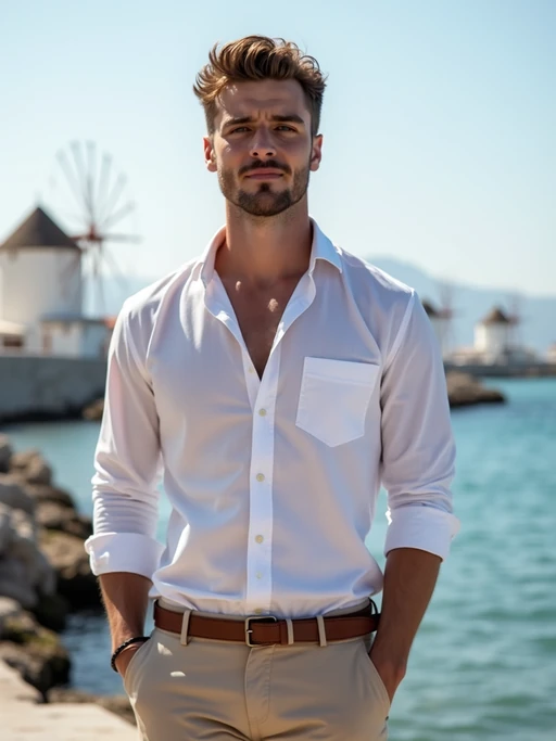 model at Little Venice waterfront, wearing if(gender=f){an elegant white cocktail dress} if(gender=m){a stylish white button-up with beige chinos}, Aegean Sea and windmills in background