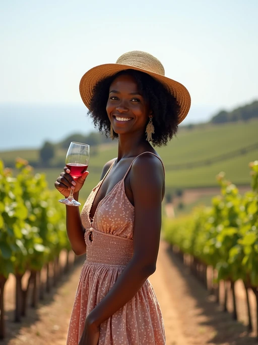 model wine tasting at a Santorini vineyard, wearing if(gender=f){a sophisticated summer dress with sun hat} if(gender=m){smart casual outfit with sunglasses}, rows of grapevines with sea views