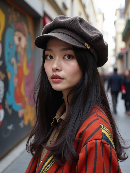 model at Montmartre art district, wearing if(gender=f){bohemian-inspired fashion with beret} if(gender=m){casual artistic t-shirt with accessories}, surrounded by street artists