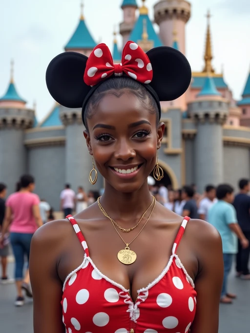 model at Tokyo DisneySea, wearing if(gender=f){Mickey ears with cute Disney-themed outfit} if(gender=m){casual Disney fan wear with character hat}, castle in background