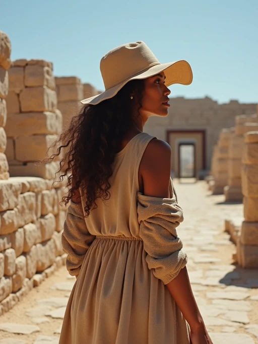 model exploring ancient Akrotiri ruins, wearing if(gender=f){a comfortable stylish outfit with hat} if(gender=m){light chinos with a casual button-up}, archaeological wonders visible