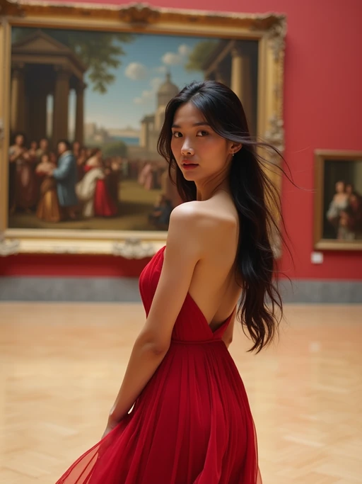 model at Louvre Museum, wearing if(gender=f){a flowing maxi dress} if(gender=m){dark jeans with a minimalist t-shirt}, surrounded by art masterpieces