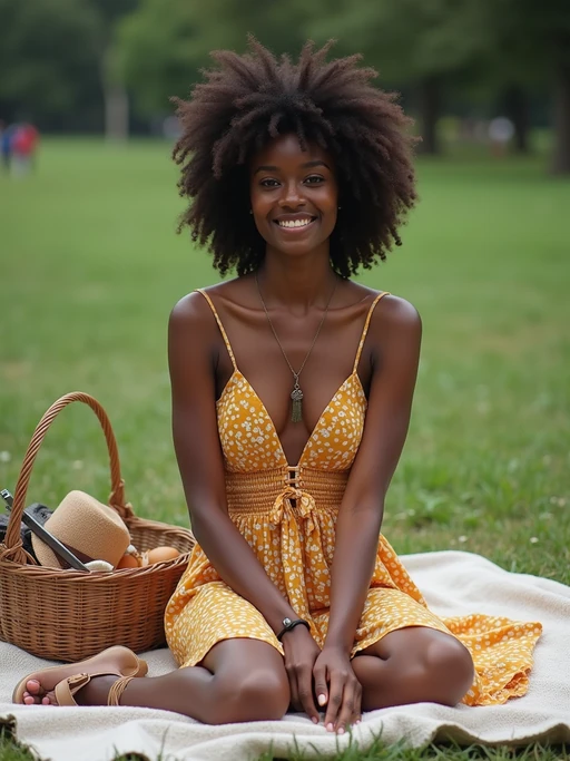 model at Yoyogi Park picnic, wearing if(gender=f){a bohemian sundress with sandals} if(gender=m){bermuda shorts with a Hawaiian shirt}, sitting on picnic blanket