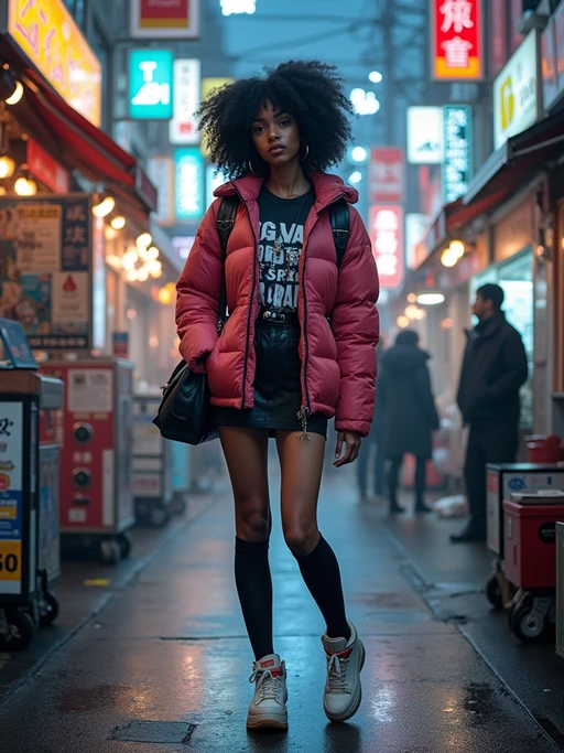 model at Akihabara electric town, wearing if(gender=f){anime-inspired fashion with knee-high socks} if(gender=m){casual gaming t-shirt with tech accessories}, surrounded by electronics