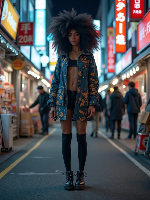 model at Akihabara electric town, wearing if(gender=f){anime-inspired fashion with knee-high socks} if(gender=m){casual gaming t-shirt with tech accessories}, surrounded by electronics