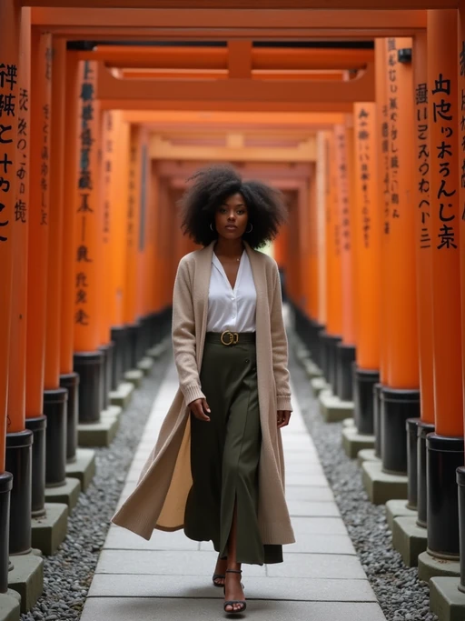 model at Meiji Shrine, wearing if(gender=f){a respectful modest outfit with light cardigan} if(gender=m){neat chinos with a collared shirt}, walking through torii gates