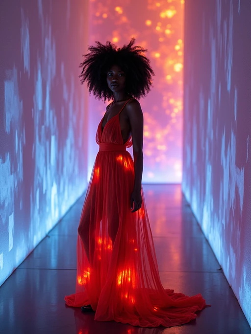 model at teamLab Borderless digital art museum, wearing if(gender=f){a flowing maxi dress} if(gender=m){dark jeans with a minimalist t-shirt}, surrounded by digital light installations