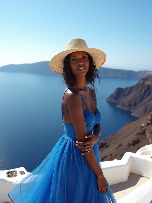 model at Santorini caldera viewpoint, wearing if(gender=f){an elegant blue sundress with straw hat} if(gender=m){a crisp white shirt with light pants}, panoramic volcanic views and clear blue skies