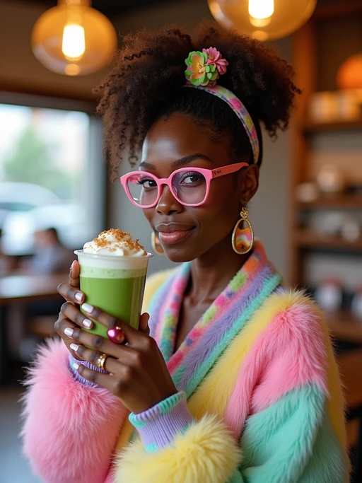 model in a trendy café in Harajuku, wearing if(gender=f){a kawaii-inspired outfit with colorful accessories} if(gender=m){streetwear with Japanese brand logos}, drinking matcha latte