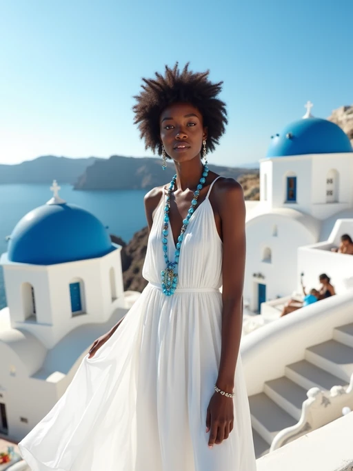 model in front of blue-domed churches in Oia, wearing if(gender=f){a flowing white maxi dress with blue accessories} if(gender=m){a light linen shirt with beige shorts}, brilliant sunshine and Aegean Sea in background
