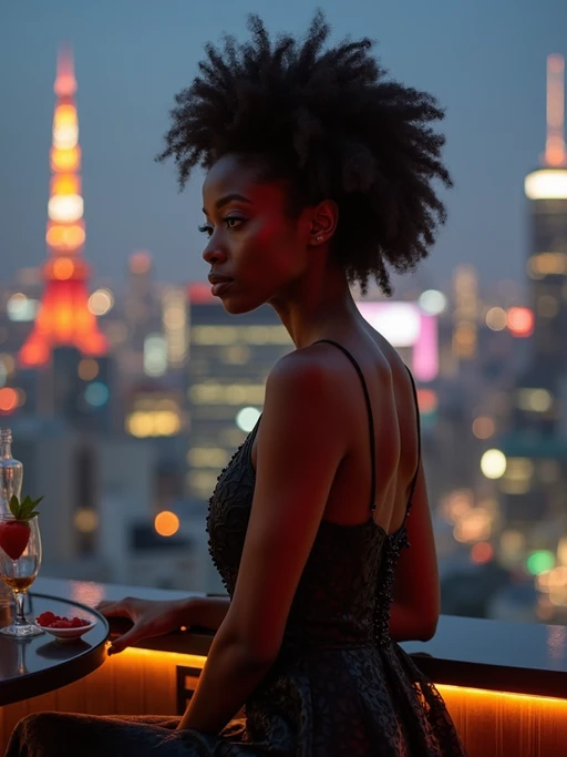 model at a rooftop bar in Shinjuku, wearing if(gender=f){an elegant cocktail dress} if(gender=m){a smart casual blazer with t-shirt}, Tokyo skyline in background