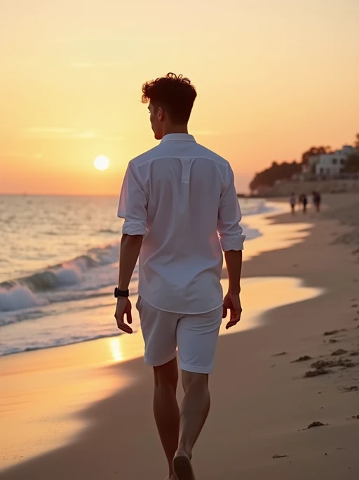 model walking along Ornos Beach at twilight, wearing if(gender=f){a white beach dress with silver accessories} if(gender=m){white shorts with a light cotton shirt}, warm evening atmosphere