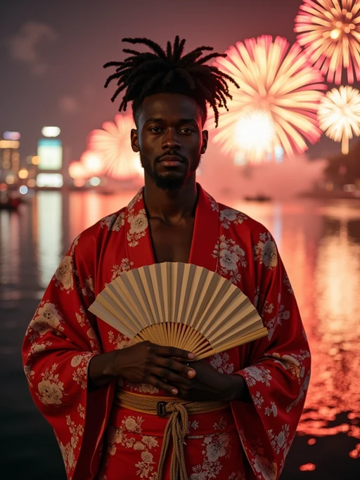 model at Sumida River during fireworks festival, wearing if(gender=f){a yukata with floral pattern} if(gender=m){a summer festival jinbei}, holding a paper fan