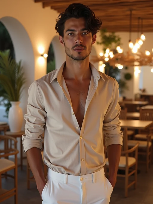 model in a Mykonos cocktail lounge, wearing if(gender=f){a sleek white mini dress with statement earrings} if(gender=m){white trousers with a light designer shirt}, ambient lighting and stylish decor