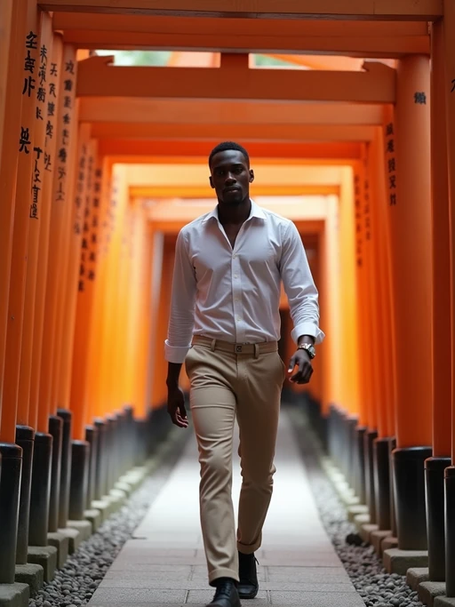 model at Meiji Shrine, wearing if(gender=f){a respectful modest outfit with light cardigan} if(gender=m){neat chinos with a collared shirt}, walking through torii gates