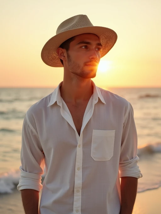 model at Scorpios beach club, wearing if(gender=f){a bohemian white dress with layered necklaces} if(gender=m){relaxed white linen outfit with woven hat}, sunset over the sea