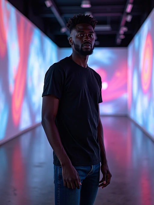 model at teamLab Borderless digital art museum, wearing if(gender=f){a flowing maxi dress} if(gender=m){dark jeans with a minimalist t-shirt}, surrounded by digital light installations