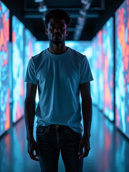 model at teamLab Borderless digital art museum, wearing if(gender=f){a flowing maxi dress} if(gender=m){dark jeans with a minimalist t-shirt}, surrounded by digital light installations