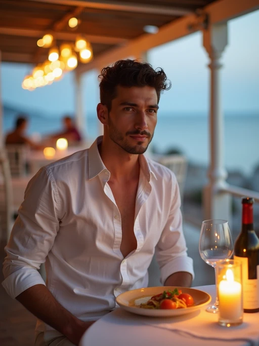 model dining at a seaside taverna, wearing if(gender=f){an elegant white evening dress with turquoise accessories} if(gender=m){a smart casual white outfit}, candlelit tables and ocean view