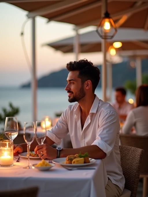 model dining at a seaside taverna, wearing if(gender=f){an elegant white evening dress with turquoise accessories} if(gender=m){a smart casual white outfit}, candlelit tables and ocean view