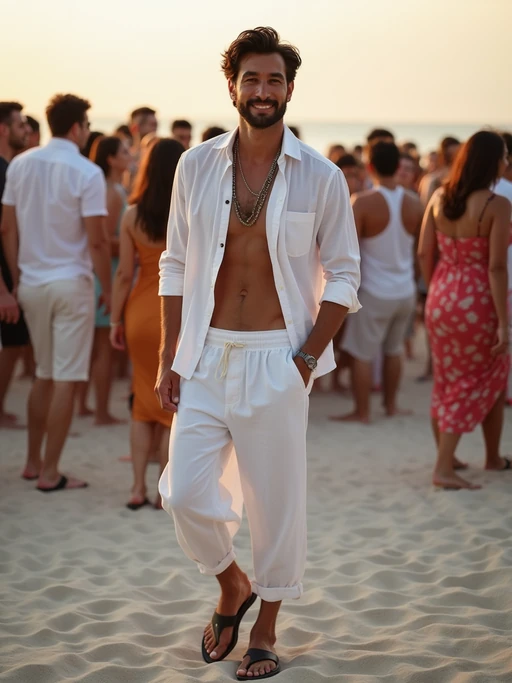 model at an exclusive beach party, wearing if(gender=f){a glamorous white resort dress with gold sandals} if(gender=m){white linen ensemble with leather sandals}, DJ booth and dancing crowd visible