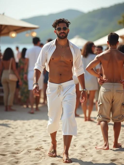 model at an exclusive beach party, wearing if(gender=f){a glamorous white resort dress with gold sandals} if(gender=m){white linen ensemble with leather sandals}, DJ booth and dancing crowd visible