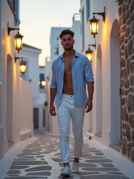 model strolling through narrow Mykonos streets, wearing if(gender=f){a white off-shoulder top with flowing skirt} if(gender=m){white jeans with a light blue shirt}, warm lantern lights illuminating the path