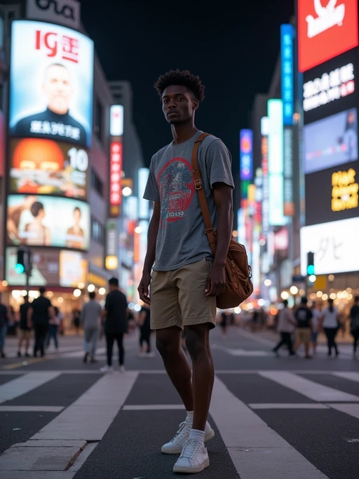 model exploring Shibuya Crossing, wearing if(gender=f){a cute pastel outfit with platform sandals} if(gender=m){a stylish graphic tee and chino shorts}, surrounded by neon lights