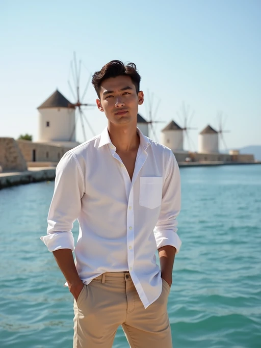 model at Little Venice waterfront, wearing if(gender=f){an elegant white cocktail dress} if(gender=m){a stylish white button-up with beige chinos}, Aegean Sea and windmills in background