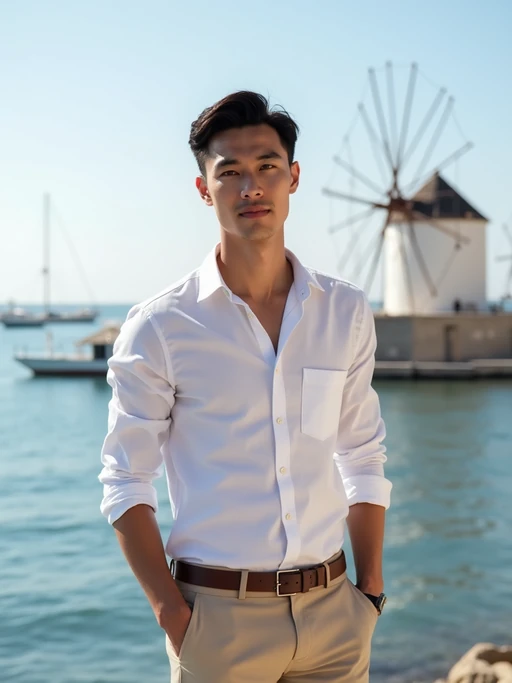 model at Little Venice waterfront, wearing if(gender=f){an elegant white cocktail dress} if(gender=m){a stylish white button-up with beige chinos}, Aegean Sea and windmills in background