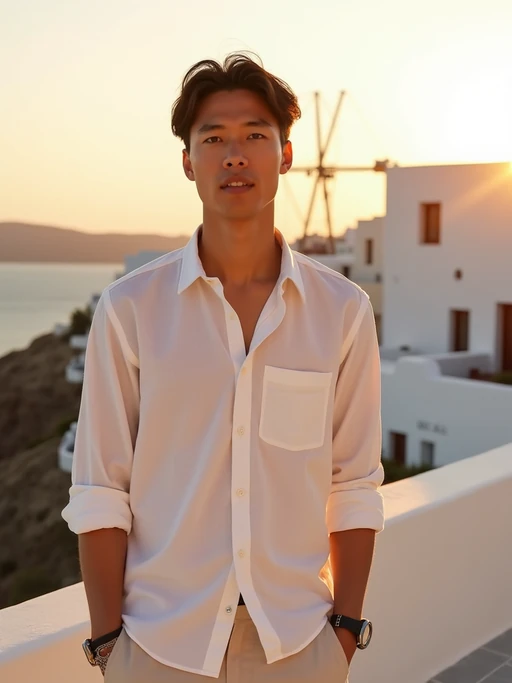 model in front of whitewashed Mykonos buildings at sunset, wearing if(gender=f){a flowing white maxi dress with gold accessories} if(gender=m){a crisp white linen shirt with light pants}, warm golden hour lighting