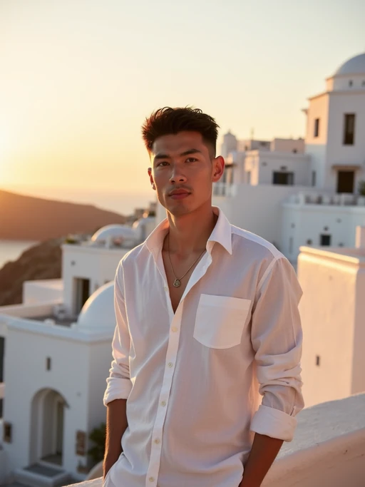 model in front of whitewashed Mykonos buildings at sunset, wearing if(gender=f){a flowing white maxi dress with gold accessories} if(gender=m){a crisp white linen shirt with light pants}, warm golden hour lighting
