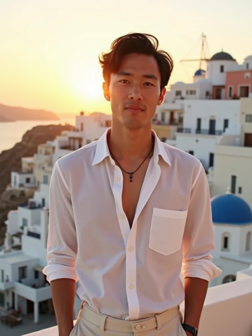 model in front of whitewashed Mykonos buildings at sunset, wearing if(gender=f){a flowing white maxi dress with gold accessories} if(gender=m){a crisp white linen shirt with light pants}, warm golden hour lighting