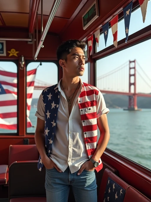 model on a San Francisco trolley decorated with patriotic bunting, wearing if(gender=f){a stylish red, white and blue outfit with a stars and stripes scarf} if(gender=m){casual smart attire with American flag design elements}, Golden Gate Bridge draped with a giant American flag visible in the background, embodying iconic American city pride