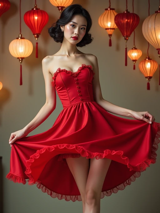 model twirling in if(gender=f){a retro swing dress blown up Marilyn-style, revealing stockings and panties} if(gender=m){1950s suit with shirt open}, on a faux pin-up calendar set