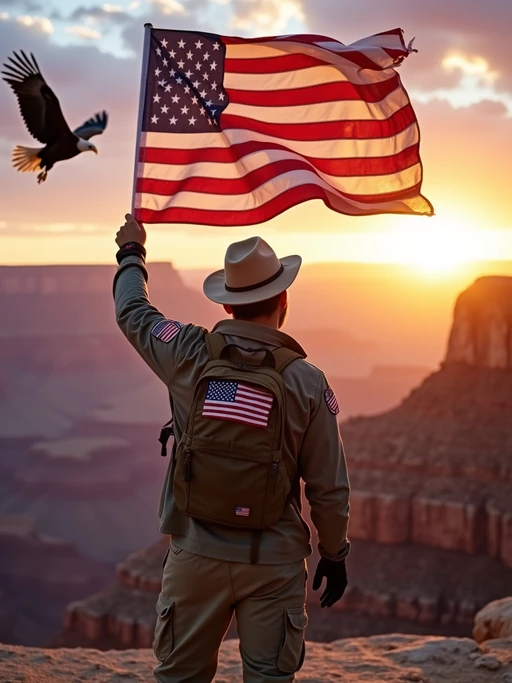 model at the Grand Canyon at sunset, wearing if(gender=f){hiking attire with American flag bandana, stars and stripes backpack} if(gender=m){outdoor gear with American flag patches and a patriotic hat}, proudly holding the American flag high, the majestic natural wonder stretching behind, bald eagle soaring overhead
