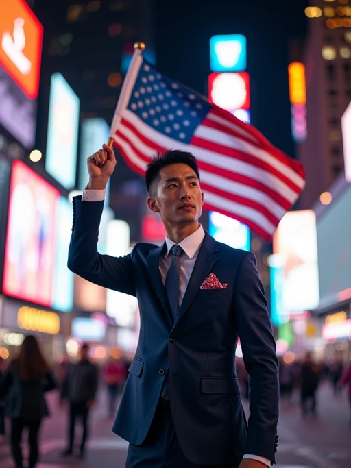 model in Times Square at night, surrounded by the iconic neon lights, wearing if(gender=f){a glamorous sequined dress in bold red, white, and blue with star patterns} if(gender=m){a stylish modern suit with American flag pocket square}, waving a large American flag, the bustling energy of New York City creating an electric patriotic atmosphere