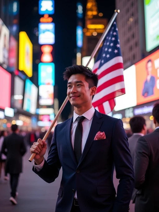 model in Times Square at night, surrounded by the iconic neon lights, wearing if(gender=f){a glamorous sequined dress in bold red, white, and blue with star patterns} if(gender=m){a stylish modern suit with American flag pocket square}, waving a large American flag, the bustling energy of New York City creating an electric patriotic atmosphere