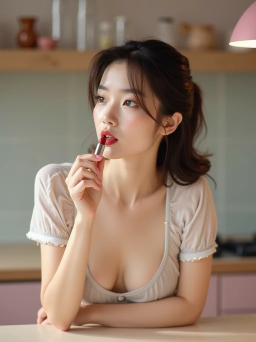 model holding a if(gender=f){lipstick, applying it slowly} if(gender=m){vintage camera}, in a pastel kitchen while leaning over the counter with visible cleavage or chest