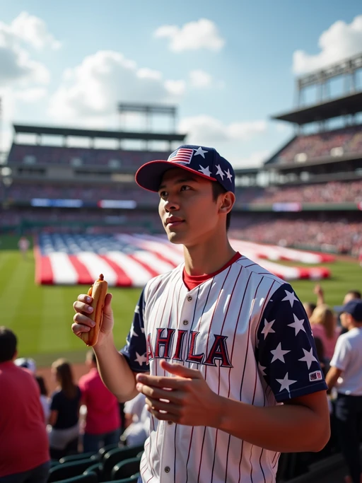 model at a baseball game in a historic stadium, wearing if(gender=f){a team jersey tied at the waist, American flag denim shorts} if(gender=m){a team jersey, American flag baseball cap}, holding a hot dog and waving a small flag, surrounded by excited fans in patriotic colors, giant American flag being unfurled across the field